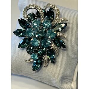 Vintage Eisenberg Ice Blue Rhinestone Floral Brooch Signed Mid Century Statement